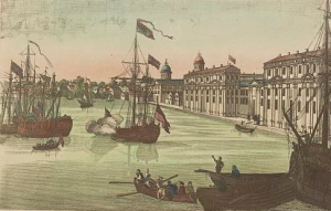 Philadelphia's waterfront in the 1770s. Balthasar Friedrich Leizelt, "Vuë de Philadelphie," 1770s. Library of Congress Prints & Photographs Division; public domain.