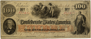 Counterfeit Confederate Currency included these 100 dollar bills.