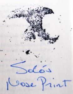 Solo signed my copy of What the Dog Knows with his nose print.