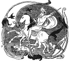 Odin with his two wolves and ravens.