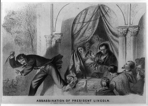 John Wilkes Booth leaps from the balcony in Ford's Theatre.