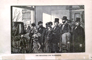 A sketch of the carriage transfer in Baltimore from Pinkerton's 1884 book, The Spy and the Rebellion. Lincoln is depicted wearing a shawl. One of the women was probably Kate Warne.