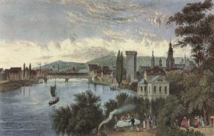 Another 1840 image of the Neckar in Heilbronn, showing one of the bridges. Mark Twain's raft trip might have started here.