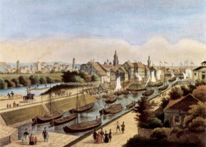 The Neckar River and Wilhelm Canal in Heilbronn in 1840 with a log raft to the left.