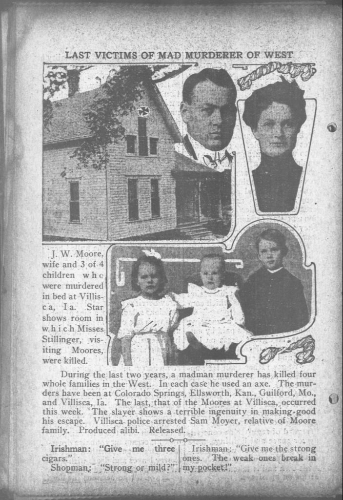 An article in The Day Book, Chicago, 14 June 1912, depicting five of the Villisca ax murder victims and the house. 