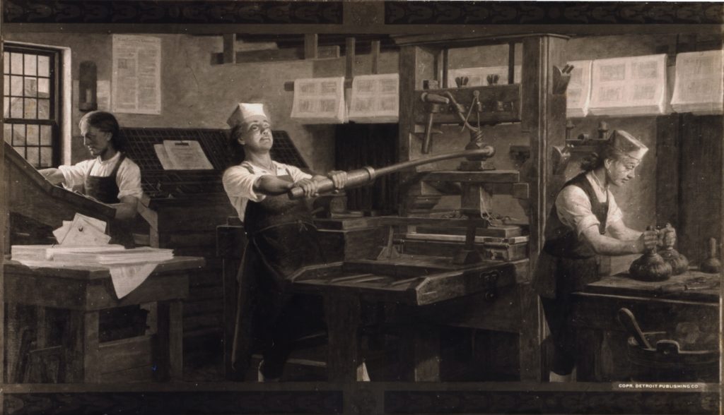 A young Benjamin Franklin (middle) as a printer. 