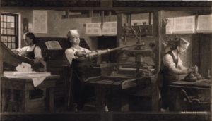 A young Benjamin Franklin (middle) as a printer.