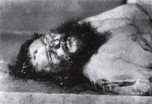 Rasputin's corpse, showing the bullet hole in his forehead.