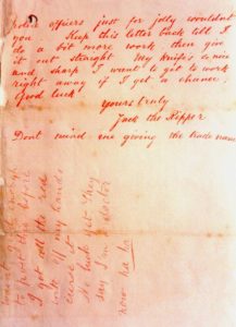 Page 2 of the Dear Boss letter contains the infamous "Jack the Ripper" signature. Public domain.